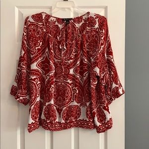 INC red and white peasant blouse.